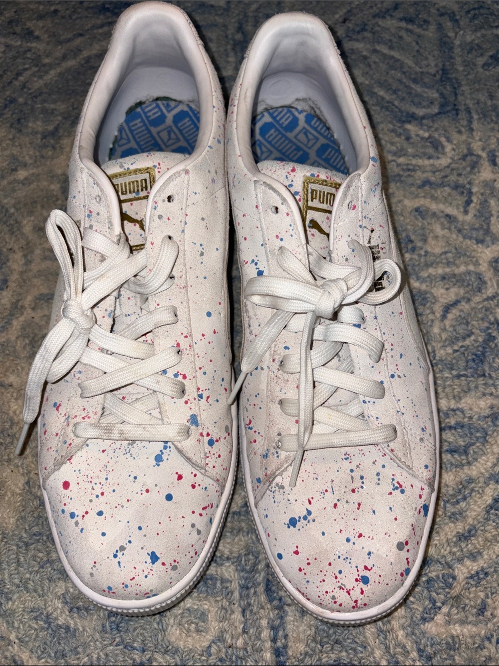 Puma White Sneakers with Blue and Pink Paint Splatter
